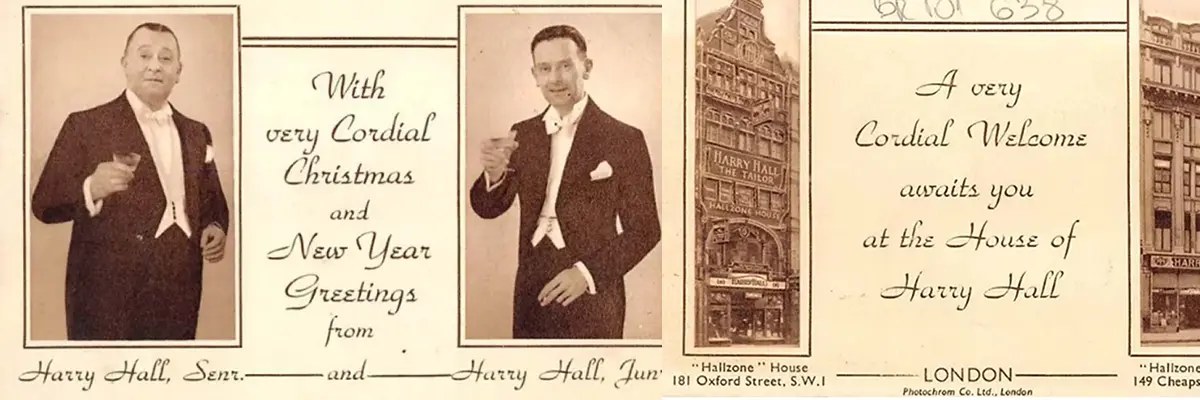 harry-hall-seasonal-greetings-card-personalised-brand-early-1900s.jpg Harry Hall seasonal greetings card featuring Harry Hall Senior and Junior, reflecting early personalised customer communication and brand identity